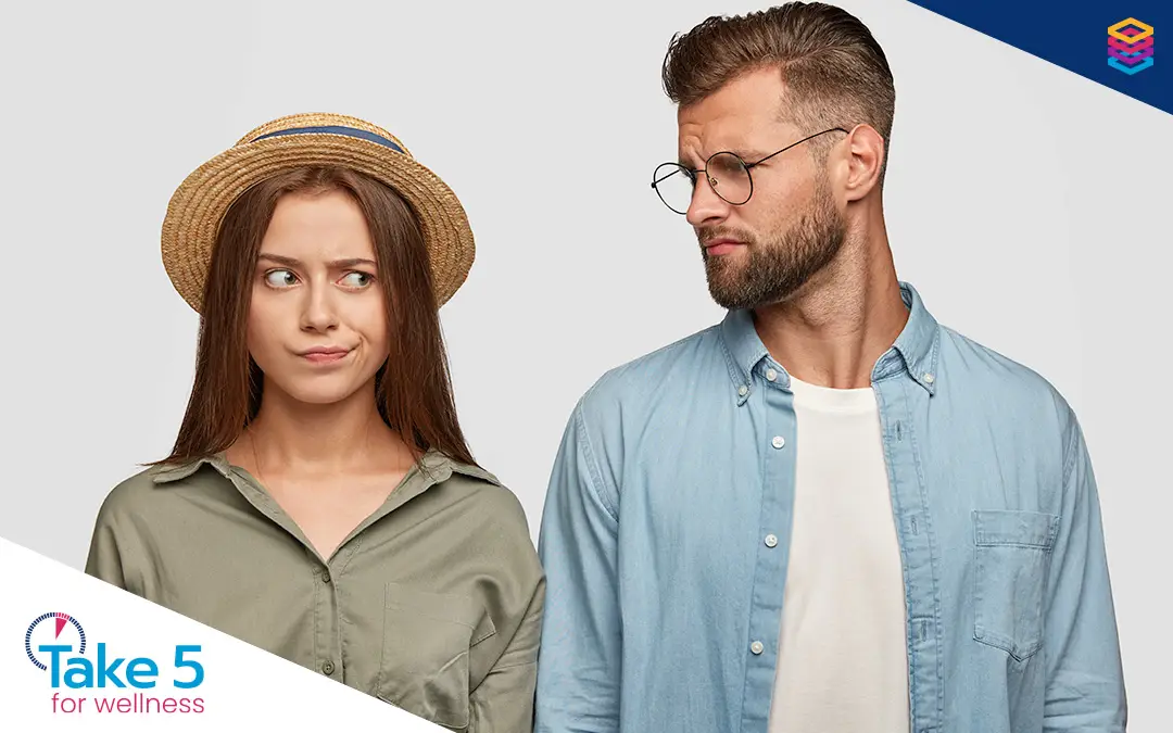 Rethinking money talk for women | Couple looking at each other with awkward looks - Benefits Alliance