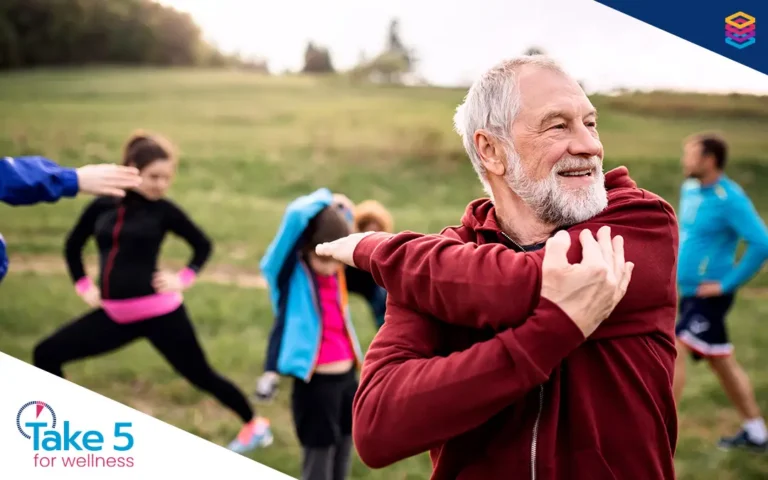 Helping Canadians retire in the age of longer lifespans - Older man stretching in the foreground - Benefits Alliance